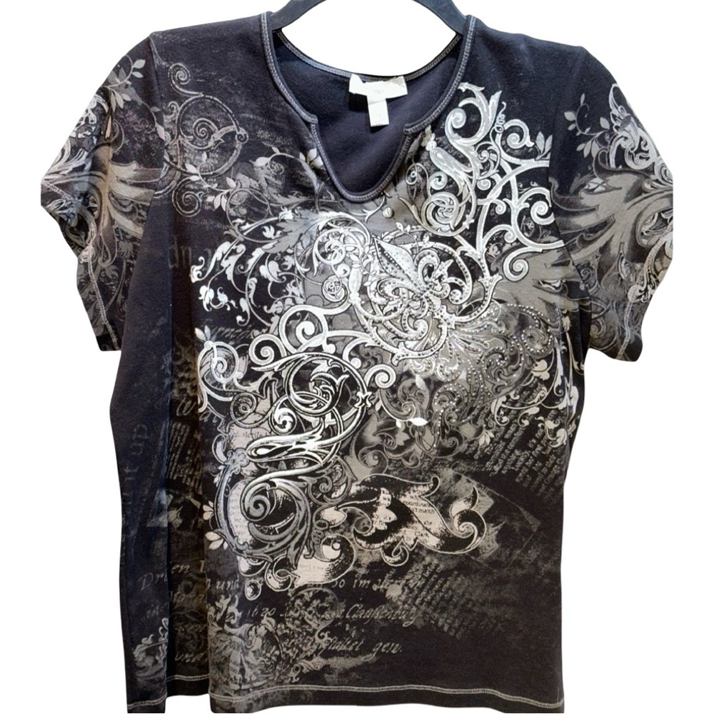 Dressbarn Women's Black and Gray Graphic Top Size XL